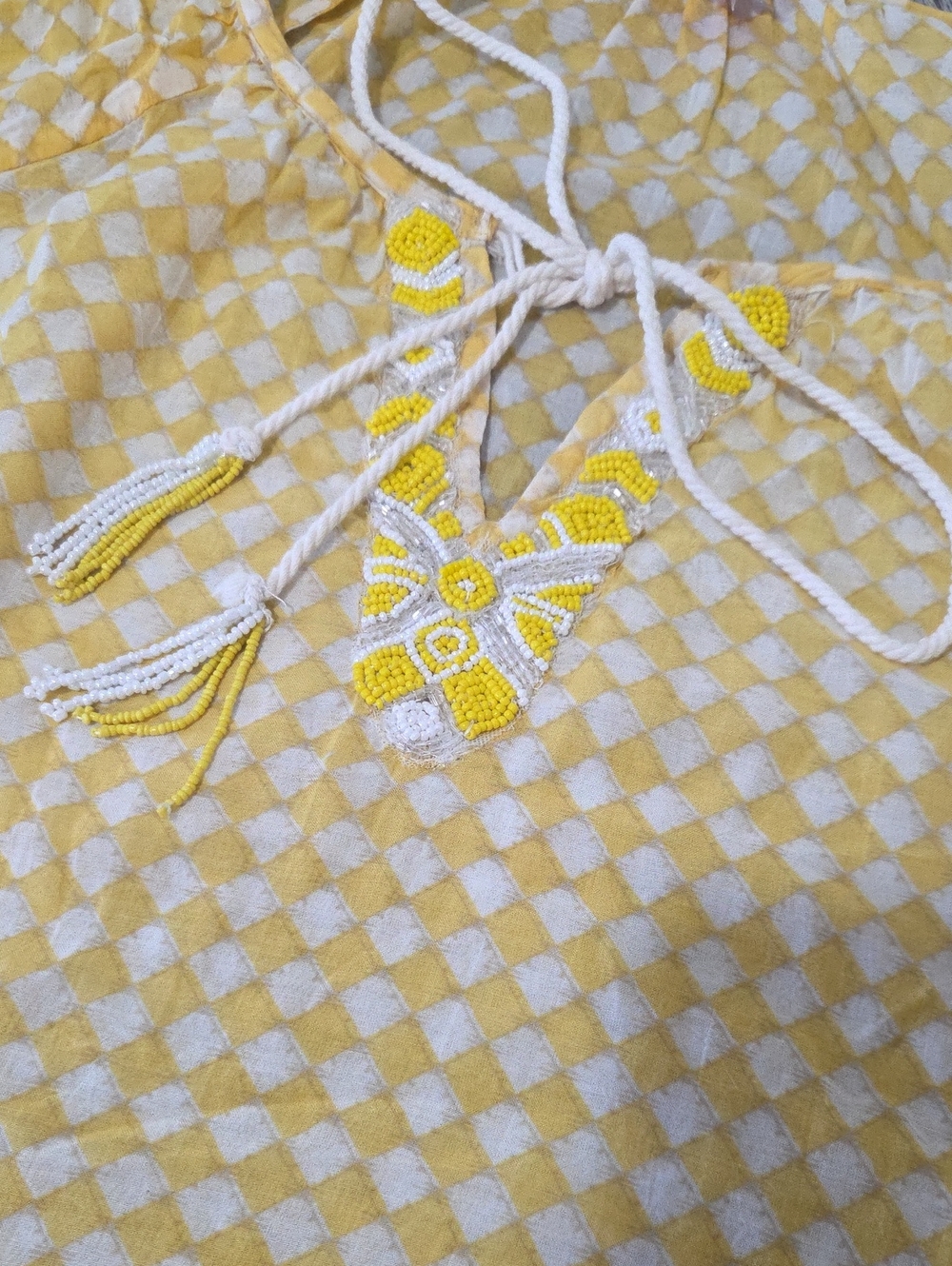 Derhy Beaded Bohemian V-Neck Blouse | Ivory & Mustard - Picture 5 of 9